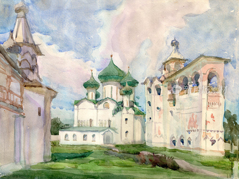 在俄罗斯苏兹达尔镇，有着洋葱状圆顶的传统古代建筑风格的修道院的水彩画景观。彩色插图，复古复活节贺卡