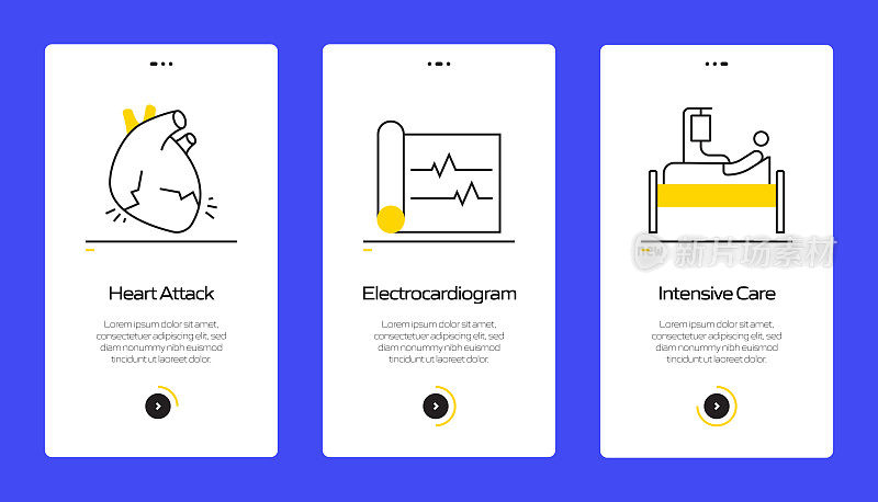 带图标的移动应用程序页面屏幕上的医疗保健和医疗概念。用户体验，用户界面设计模板矢量插图