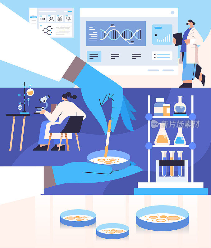 科学家在培养皿和琼脂菌落中工作，研究人员在实验室进行化学实验