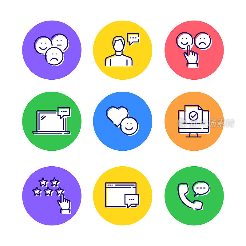 一套反馈和奖状相关的线图标。大纲符号集合