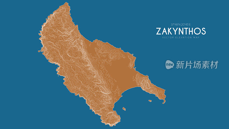 希腊扎金索斯地形图。矢量详细高程地图的岛屿。地理优美的景观轮廓海报。