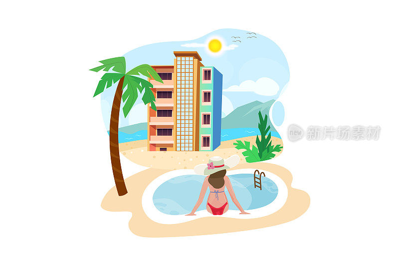 女人享受假期在一个豪华的海滨度假酒店游泳池和热带景观附近的海滩