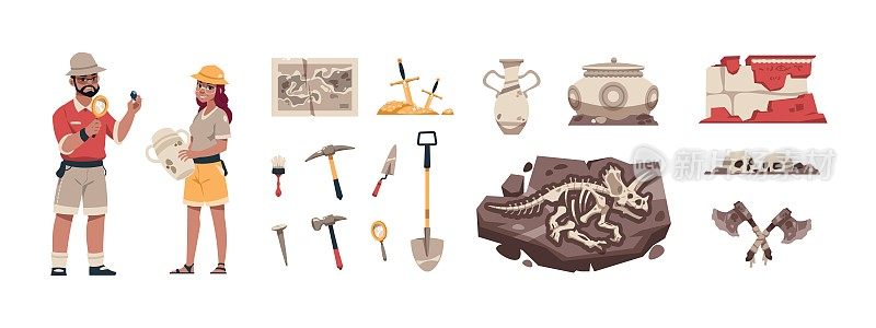 卡通古生物学。带着骨头和珍宝的古代化石。考古学家挖掘文物。探险者搜寻恐龙骨骼。历史的挖掘。向量研究和科学集