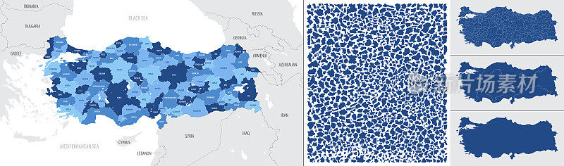 详细、矢量、土耳其和行政区划国家蓝色地图