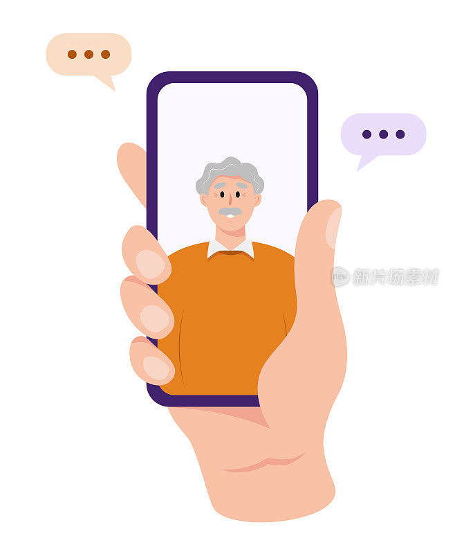 一只手拿着触摸屏的手机。与祖父或父亲视频通话。关爱老人的理念。