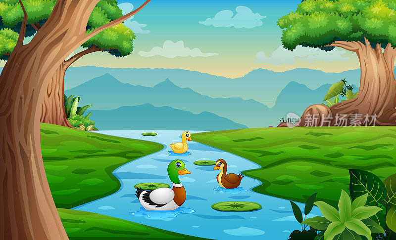 一只母鸭和她的小鸭子在河里的插图