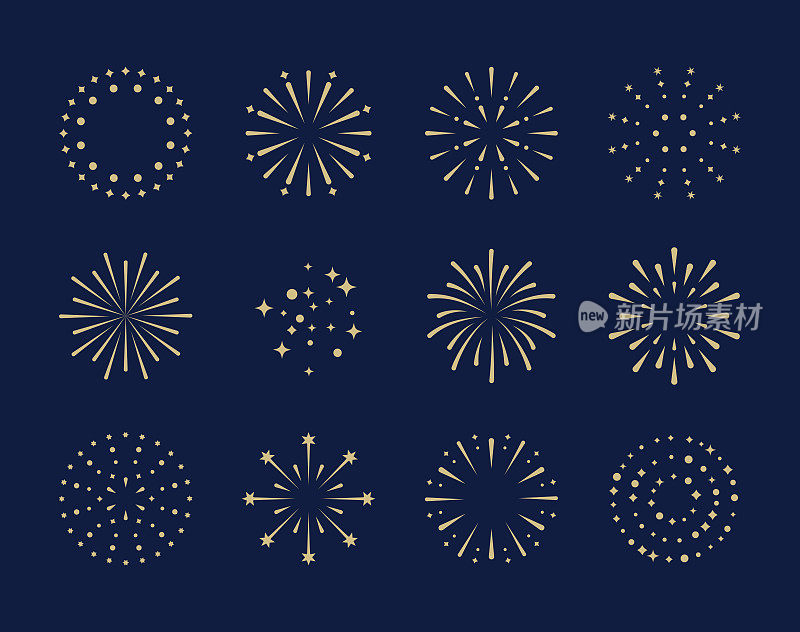 焰火。套黄金爆竹图标为周年，新年，庆祝，节日。蓝色背景上的平面设计。