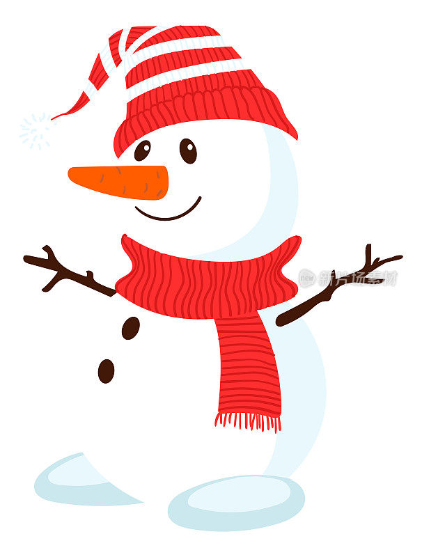 戴着条纹帽子和红围巾的可爱雪人。微笑的卡通人物