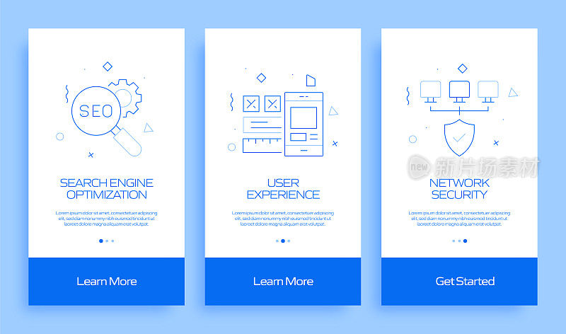 搜索引擎优化概念在移动应用页面屏幕上的扁平图标。用户体验，UI设计模板矢量插图