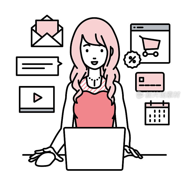 一个穿着衣服的女人用笔记本电脑浏览网站、进行数字营销、支付、管理网店、为顾客提供服务