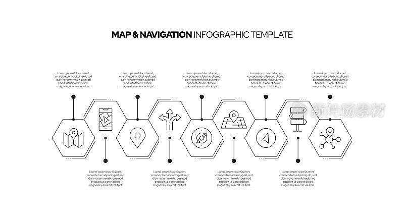 地图和导航概念矢量线信息图形设计图标。9选项或步骤的介绍，横幅，工作流程布局，流程图等。