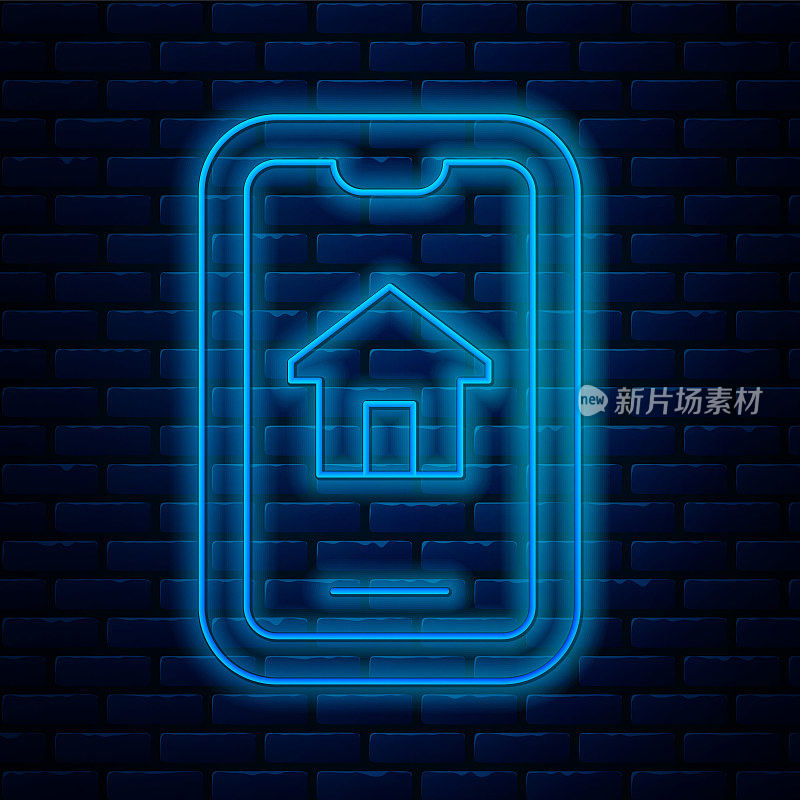 霓虹灯在线房地产在智能手机图标孤立在砖墙背景上。住房贷款概念，租，买，买房。向量