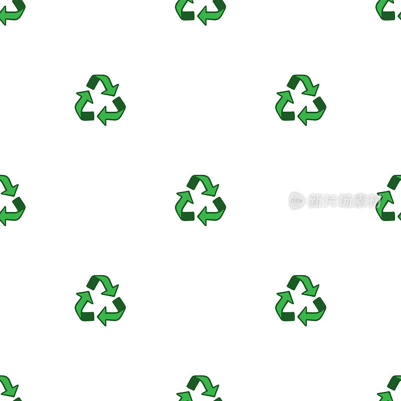 颜色模式循环。白色的回收标志。回收无缝模式。改善。二次使用。回收标志在手绘风格无缝模式。治理环境污染。污染控制。可降解包装设计。