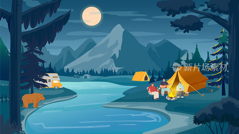 山间夜宿露营，河边自然景观