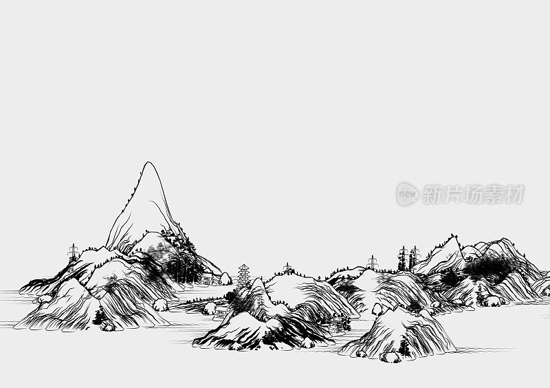 复古风格的中国山水画，黑白山水画