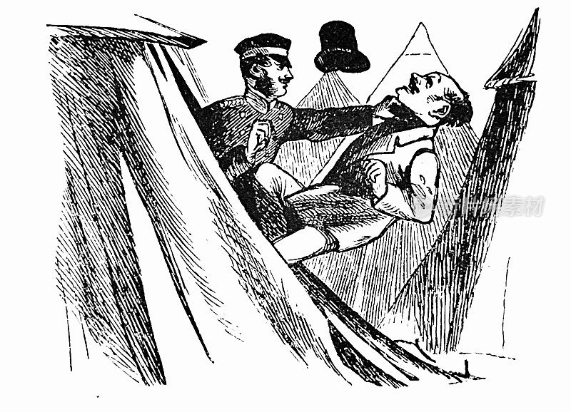 一个士兵把一个入侵者扔出了帐篷