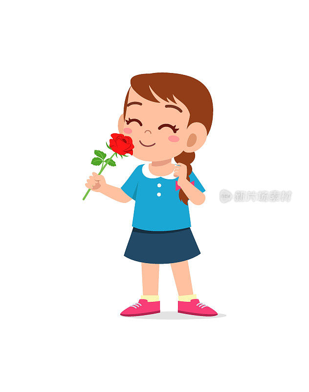 小女孩拿着花，闻闻花香