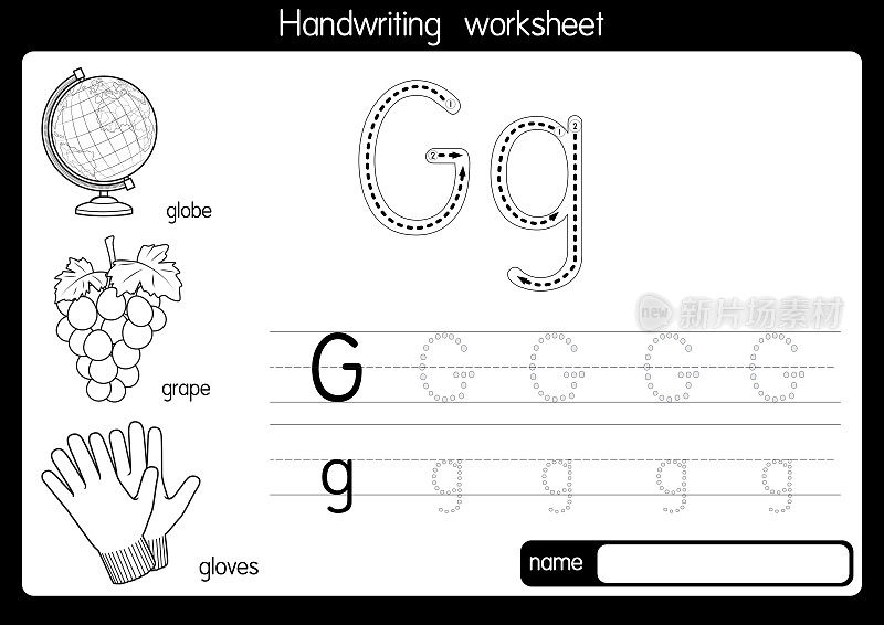 黑白矢量插图与字母G大写字母或大写字母的儿童学习练习ABC