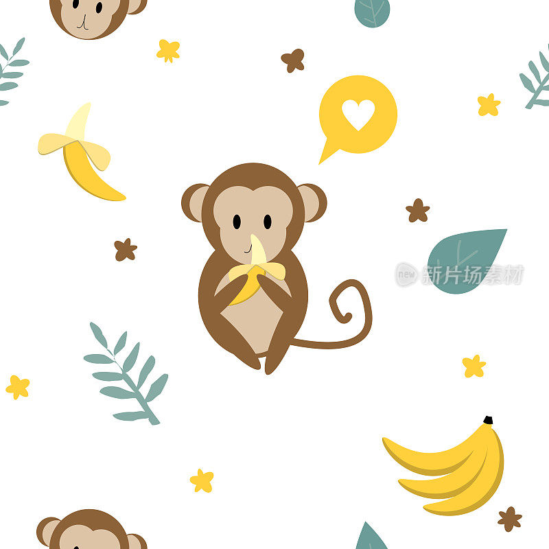 可爱的猴子吃香蕉无缝图案的织物打印