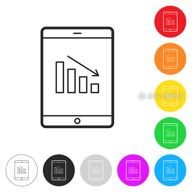 平板电脑下降图表。彩色按钮上的图标