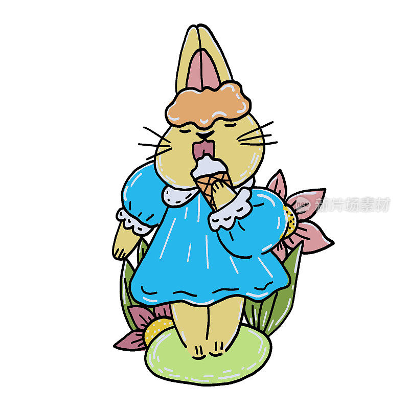 可爱的小兔子女孩穿着裙子吃着冰淇淋。矢量手绘卡通插图。