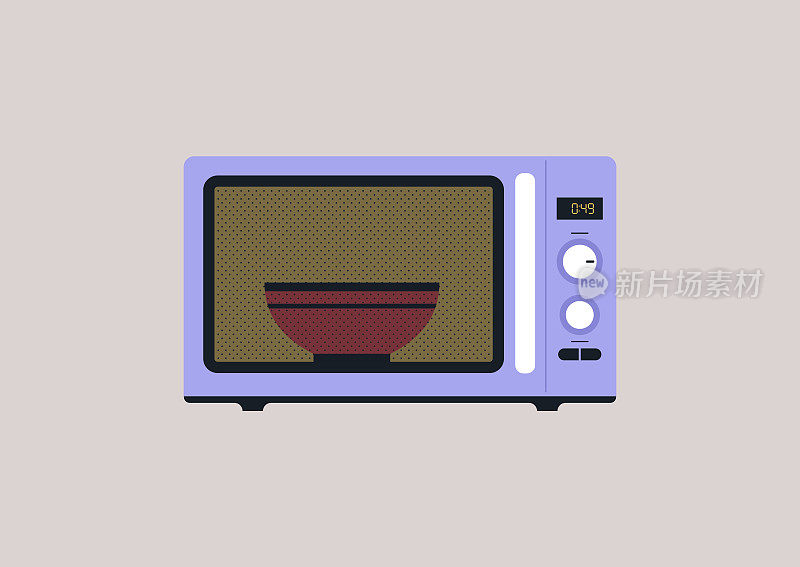 一个有杯子和按钮的微波炉，一个厨房用具，里面有一碗热汤