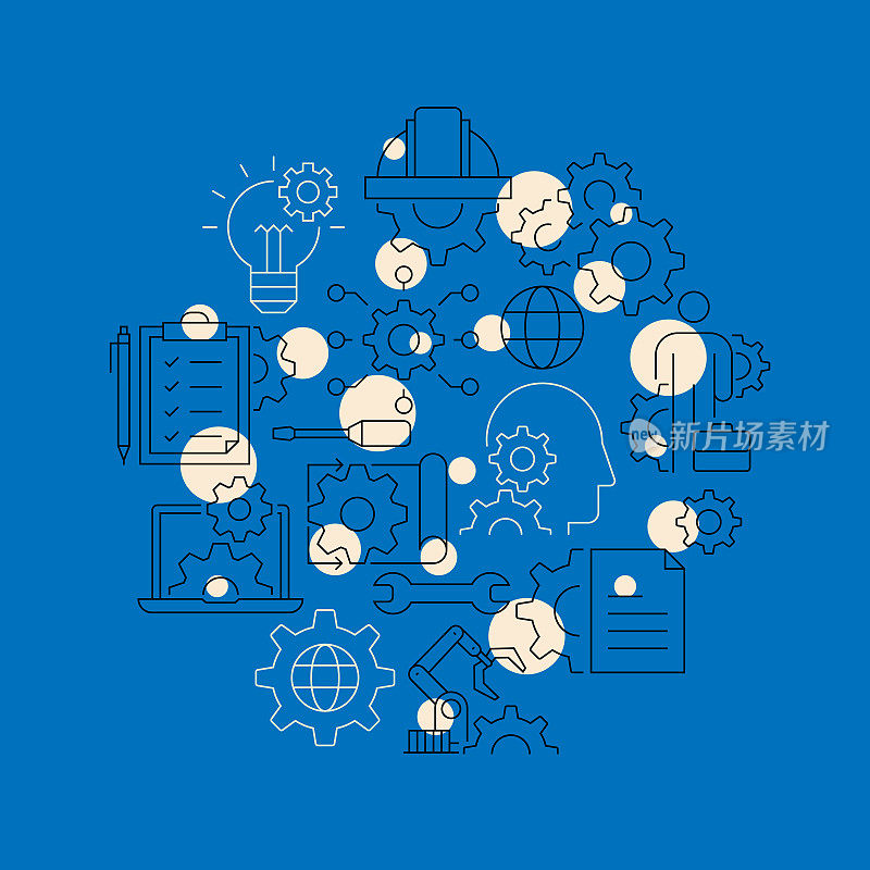 工程相关设计要素。使用大纲图标的模式设计。色彩斑斓的矢量图