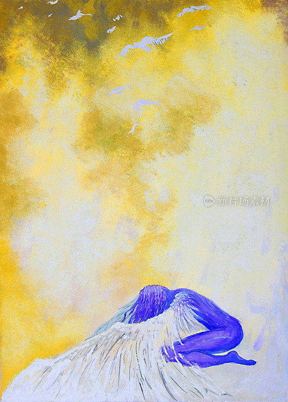 插画油画肖像的一个女人的形式守护天使的翅膀保护她的孩子在阳光和晴朗的天空的背景下