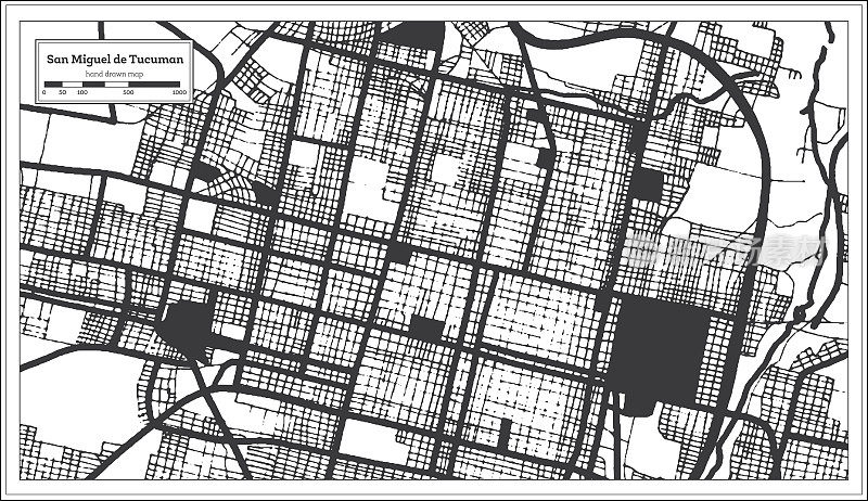 圣米格尔德图库曼阿根廷城市地图在黑色和白色复古风格孤立在白色。