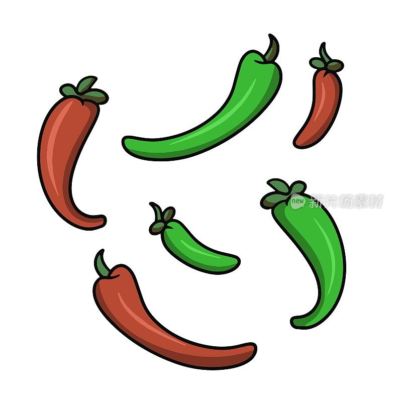 一套图标食材烹饪，红和绿辣椒，矢量插图在卡通风格