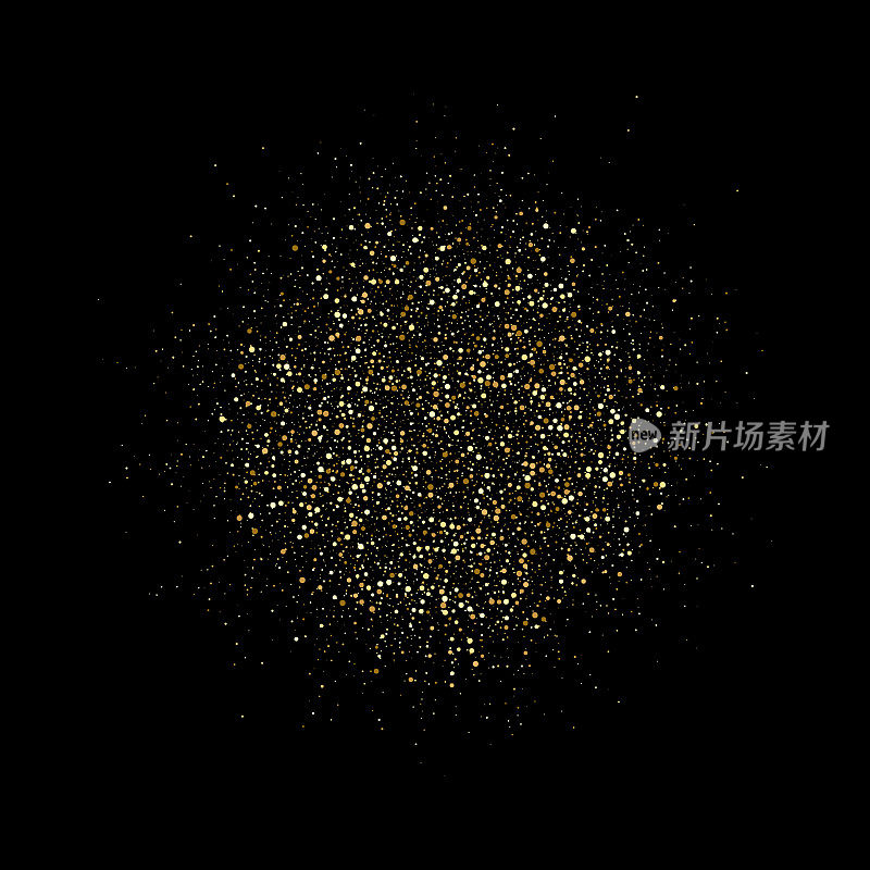 在黑色背景上有许多不同尺度的小颗粒的一圈金尘。闪光的金子。