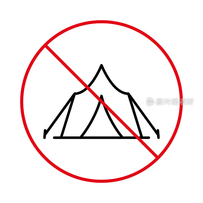 禁止露营帐篷黑线图标。警告禁止旅游探险帐篷象形文字。露营站轮廓符号。禁止游客避难的标志。活动帐篷禁止。孤立的矢量图