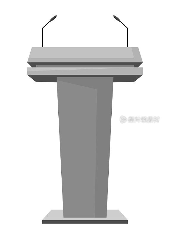 论坛报》。拿着麦克风站在讲台上发言。商务演讲或会议演讲讲坛。演讲台空着