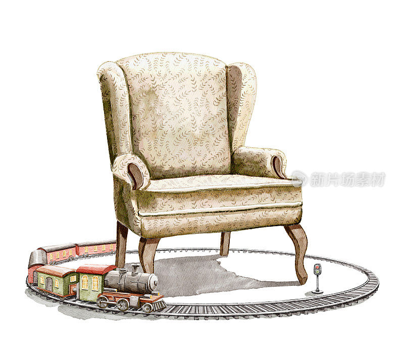 水彩扶手椅与复古铁路与火车玩具
