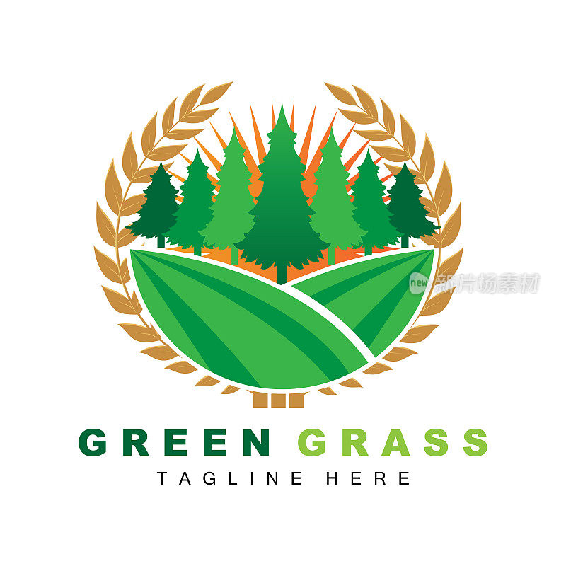 采购产品绿草标志设计，农场景观插图，自然风景向量