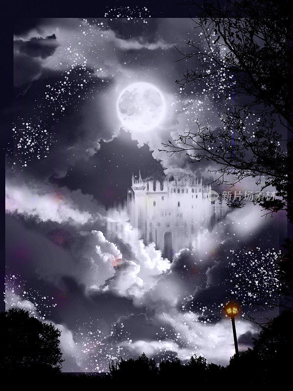 一个古老的欧洲城堡站在月亮和星星之间的幻想背景单色插图和在美丽的夜空中闪闪发光的云海