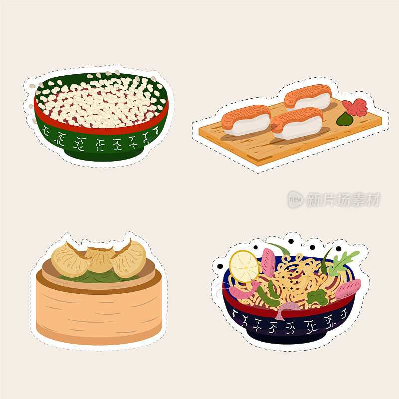 亚洲人吃食物的贴纸。矢量插图。米饭，寿司，饺子，炒面