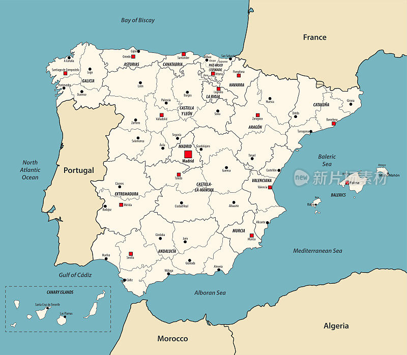 西班牙与邻国的地图。矢量图