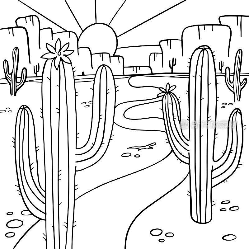 着色页与盛开的仙人掌在亚利桑那沙漠。涂色书，儿童和成人抗压力。Zen-tangle风格。黑白画。手绘矢量线性插图。