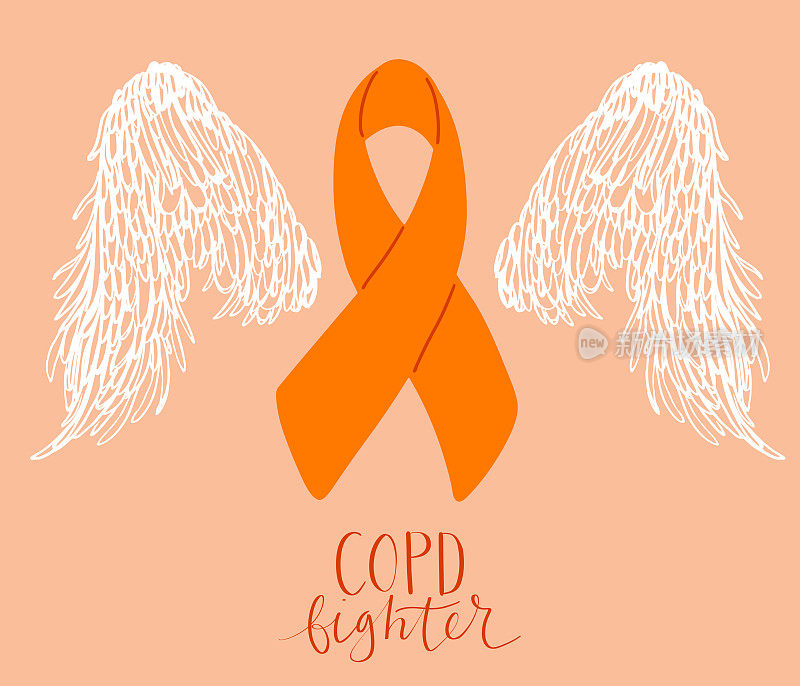 慢性阻塞性肺疾病意识月11月手写刻字。橙色支持带天使的翅膀。网络横幅向量