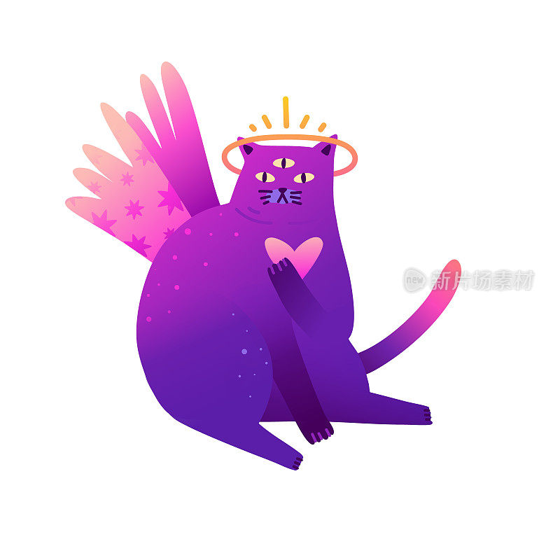 可爱的插图与神秘闪亮的猫。有星星和翅膀的猫的魔法角色。深奥的卡通霓虹风格。
可爱的猫咪，适合在织物上印刷。向量。