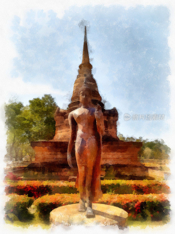风景古遗址在素可泰世界遗产泰国水彩风格插画印象派绘画。