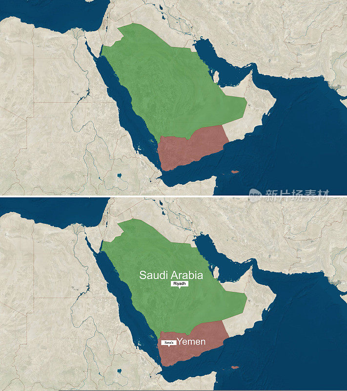 也门和沙特阿拉伯的地图，有文字，没有文字