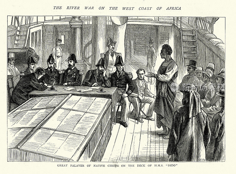 19世纪19世纪，维多利亚时代的迪多号上，皇家海军军官在新卡拉巴、邦尼和埃克利卡的非洲酋长之间斡旋和平