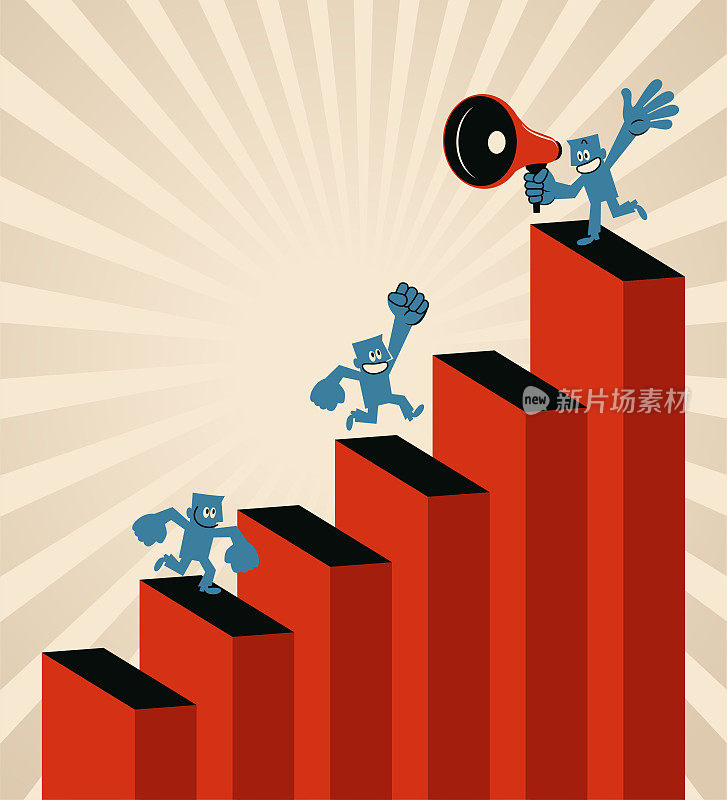 通往成功的阶梯,一个拿着扩音器的领导者沿着不断增长的阶梯攀登,带领团队实现他们的目标