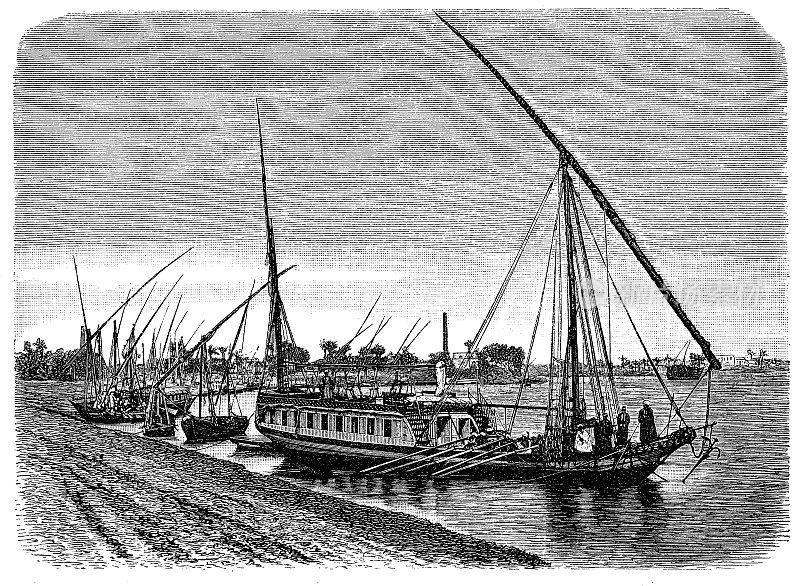 Dahabeah，埃及尼罗河上使用的客船:有双帆或多帆的浅底驳船