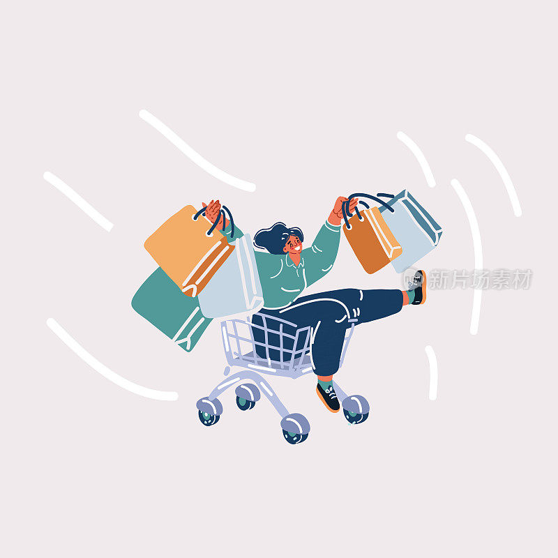 矢量插图的妇女有乐趣后成功购物在商场，骑手推车与纸袋。