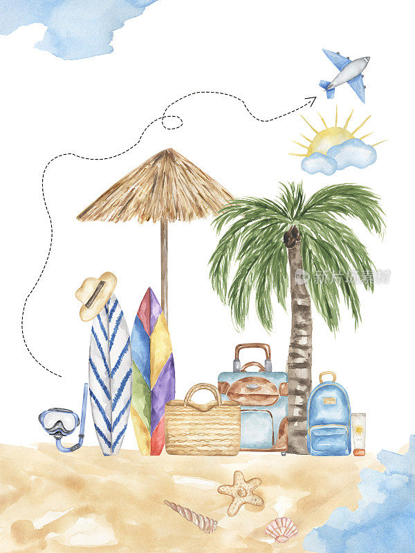 水彩夏日旅行海报，飞机剪贴画，大海和行李箱组成，航行插画，可爱的节日卡片