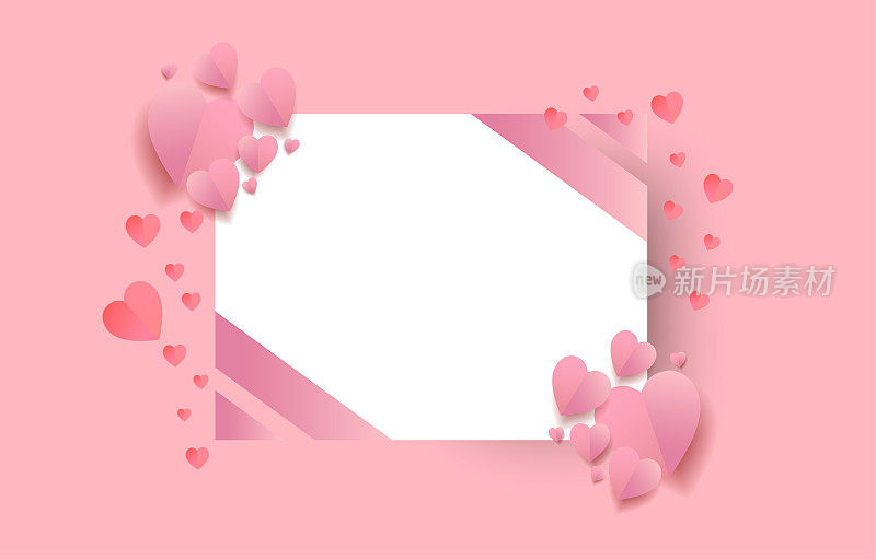 剪纸元素的形状与心形方形框架上的问候粉红色和甜蜜的背景。爱情矢量符号为情人节快乐，贺卡设计。