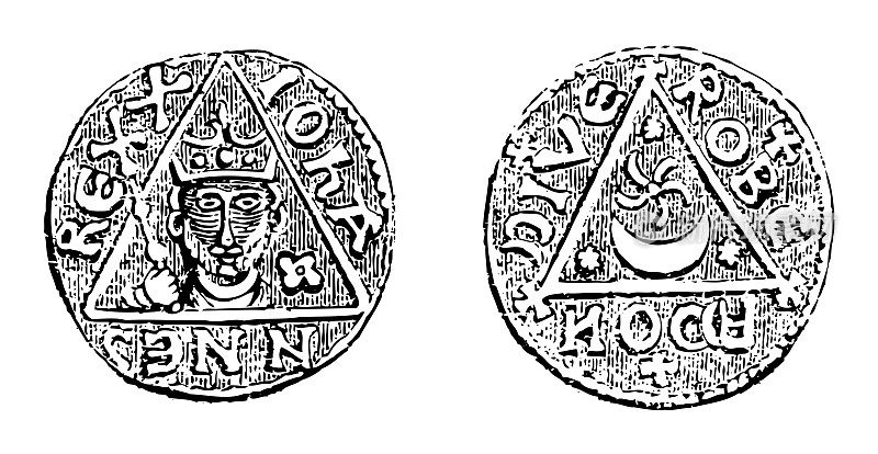 爱尔兰约翰银币-英格兰国王和爱尔兰勋爵(1177-1216)-复古雕刻插图